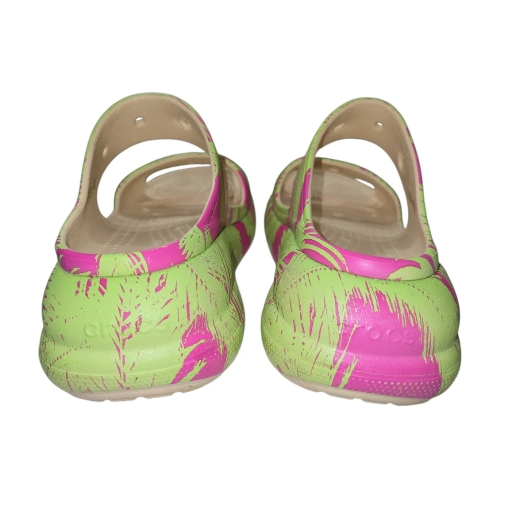 Crocs Crush Sandals Bold Green Pink Print 2 Strap Chunky Platforms 8 Women